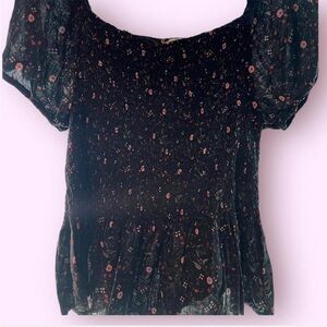 Jasmine Black and Red Smocked Blouse with Short Sleeves